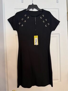 Karen Millen Black Short-Sleeve Mini Dress with Grommet Detail